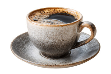 A cup of rich, dark coffee in a speckled, ceramic mug