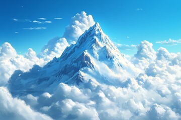 Realistic white cloud shaped like a snow-capped mountain against a bright blue sky, with soft lighting and detailed fluffy texture.