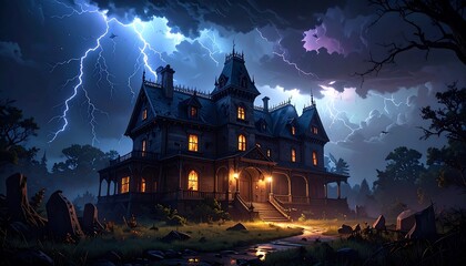 Haunted mansion under stormy night