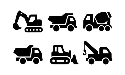 Silhouette construction vehicles set: excavator, dumper, mixer, bulldozer, crane