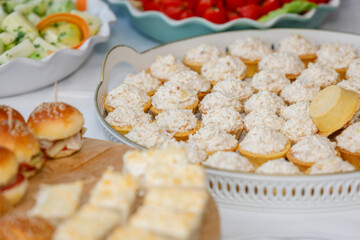 Delicious appetizer spread at a garden party with various savory bites and fresh vegetables in springtime