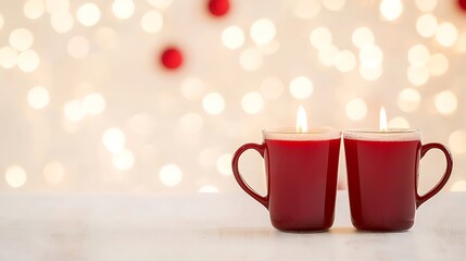 Cozy red mugs with warm bokeh lights background