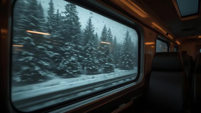 Scenic winter view from train window with snow-covered trees and blurred landscape passing by. This captivating scene captures snowy trees outside a moving train,
