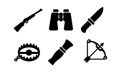 Silhouette icons of essential hunting gear and tools for outdoor adventures