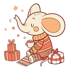 Vector illustration of a Dreamy Elephant with wearing bunny slippers, styled in a Christmas theme using Warm Cozy colors