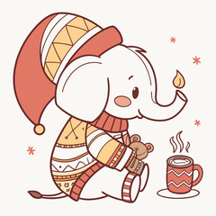 Delightful Gentle Elephant in a Christmas scene with with a stuffed animal – Warm Cozy vector illustration