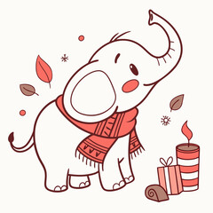 Mischievous expression on a Elephant in a Christmas theme, with with a scarf – Warm Cozy vector art