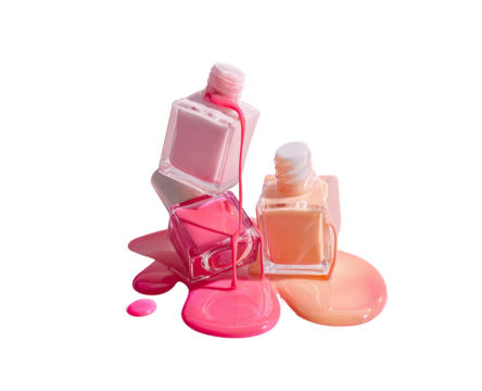 Three nail polish bottles,  pink, peach, and light  pink,  are tipped over, spilling their contents in a vibrant display