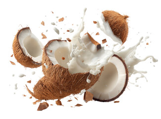 Fresh coconut halves with splashes of milk, fragmented shell