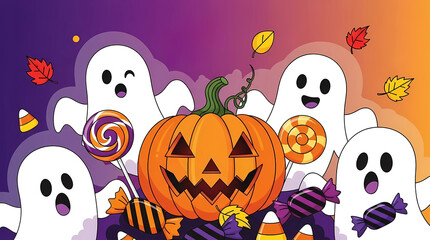 Vector illustration of a Halloween scene with pumpkin candy ghosts and leaves on a purple and orange gradient background
