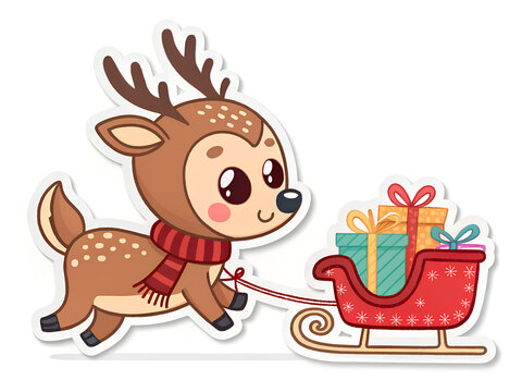 Cute cartoon reindeer pulling a festive sleigh filled with colorful christmas presents