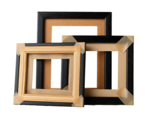 Three wooden picture frames, varying sizes, black and light brown, taped, studio shot