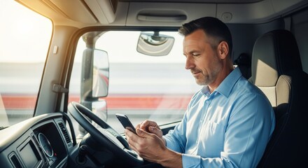 Caucasian male truck driver using smartphone in vehicle cabin