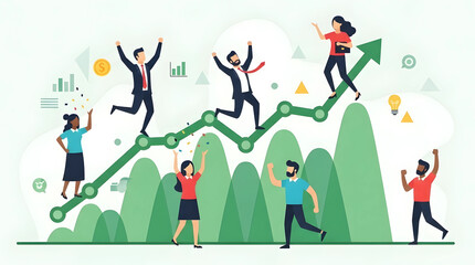 Vector illustration of a team celebrating success on an upward trending graph with business icons around them on a light background