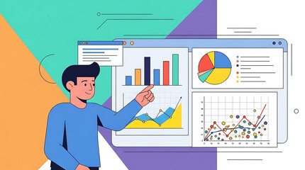 Vector illustration of a man presenting data analysis with graphs and charts on a screen with a colorful background design