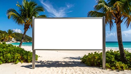 Blank billboard on tropical beach with palms, turquoise water, & a blue sky backdrop