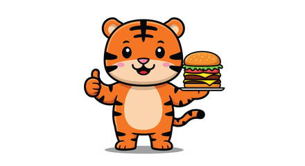 Fototapeta premium Cartoon Tiger with a Burger - Hungry and Happy Character