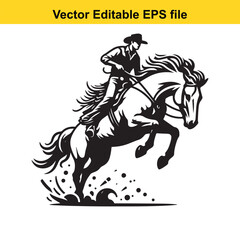 Cowboy riding a bucking horse, isolated on white background