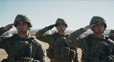 Fototapeta premium Three young caucasian male soldiers in uniform saluting outdoors