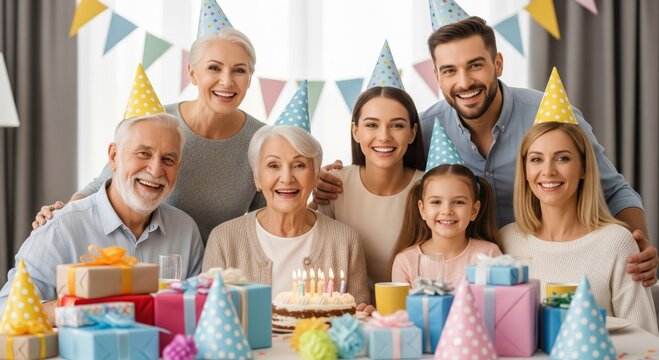 Smiling family celebration with cake and gifts including diverse ages and caucasian descent