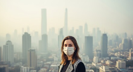 Fototapeta premium Young caucasian female wearing mask amidst city skyline and urban smog