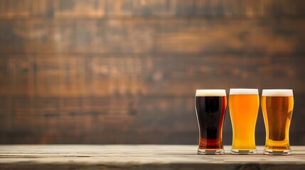 Three glasses of beer on a wooden table with a rustic background