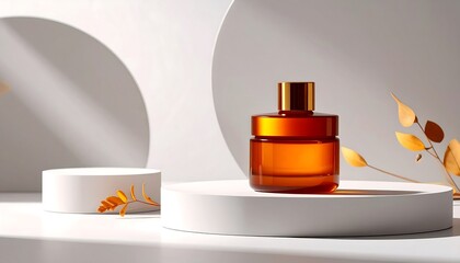 Amber glass bottle on white cylinder podium, with circular backdrops, illuminated leaves