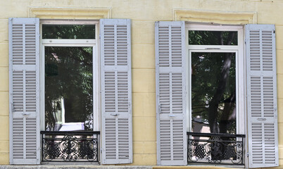 Classic French windows with open shutters and tree reflections, elegant architecture detail,...