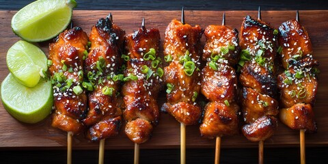 Delicious Grilled Chicken Skewers with Lime and Sesame Garnish on Wooden Platter
