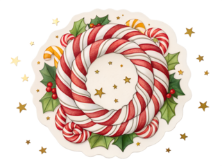 Festive christmas wreath made of swirling red and white candy canes and holly leaves