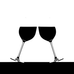 Two elegant wine glasses filled with dark red wine gently touching in a celebratory toast