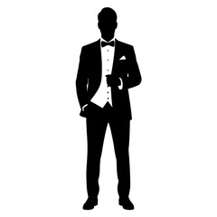 Elegant Silhouette of a Gentleman in a Tuxedo Holding a Glass of Wine