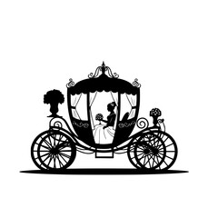 Fototapeta premium Elegant Carriage Silhouette Featuring a Bride Holding a Bouquet