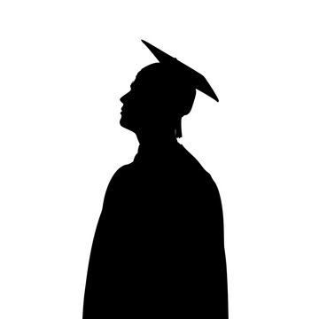 Young Man Wearing Graduation Cap and Gown Looking Upwards in Silhouette Against White Background
