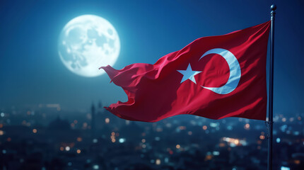 Turkish Flag Under Moonlight: The Turkish flag, with its red field and white crescent moon and star, waves majestically against the backdrop of a radiant full moon and a cityscape at night.