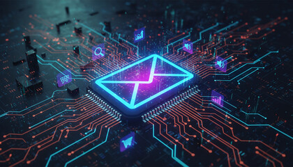 high-tech glowing envelope email interface in dark background, digital security access panel, sci-fi design