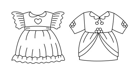 Vector linear baby dresses in cartoon fashion style isolated on white. Outline coloring page for girly book or educational, fashion materials