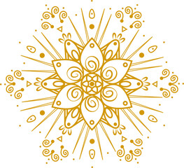 Traditional indian rangoli gold art vector design wtih flowers lotus, peacock eyes, lights for festive celebrations and decor. Mandala.