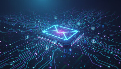 high-tech glowing envelope email interface in dark background, digital security access panel, sci-fi design