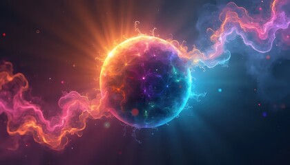 A colorful abstract space scene with a bright sun in the middle of it.