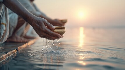 Obraz premium SMahalaya Amavasya. Pitru Paksha. An Indian person wearing dhoti making ritual offering, Tarpan ritual on a riverbank during the sunrise. Hands pouring water. 