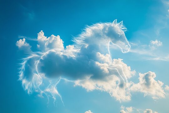 Realistic horse-shaped cloud drifting in a vibrant blue sky, with crisp airy appearance, intricate details, and sunshine creating subtle glows.