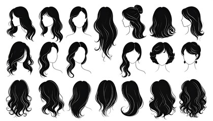 Various hairstyles illustrated as silhouettes of female heads with different hair types.