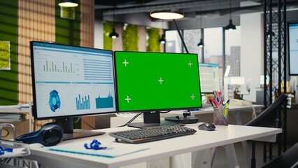Empty professional office includes analytics tools and isolated display, supplies arranged for forecasting and business strategy to support modern development and operational efficiency.