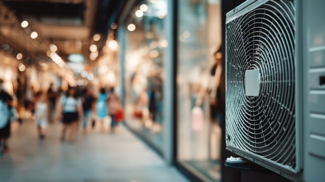 Focused medium shot of a split HVAC unit installed near a retail storefront crisp details on the unit contrasted with softly blurred shoppers inside.