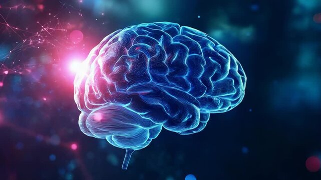Human brain generating new ideas and glowing bright red and blue
