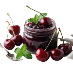 Glass jar of homemade cherry jam surrounded by fresh cherries and mint leaves