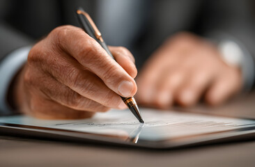 Close-up of digital contract signing on tablet with tylus pen by businessman hnd. E-signature of online ocument using mobile devic. Man fills form via touchcreen interface on table wth notebook.
