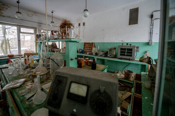 Old Ruined Abandoned Agricultural Farming and Animal Research Laboratory with Equipment