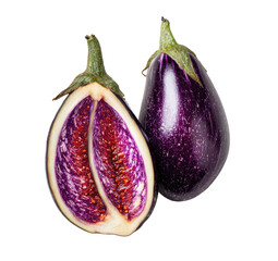 Two deep purple eggplants, one halved, displaying vibrant interior
